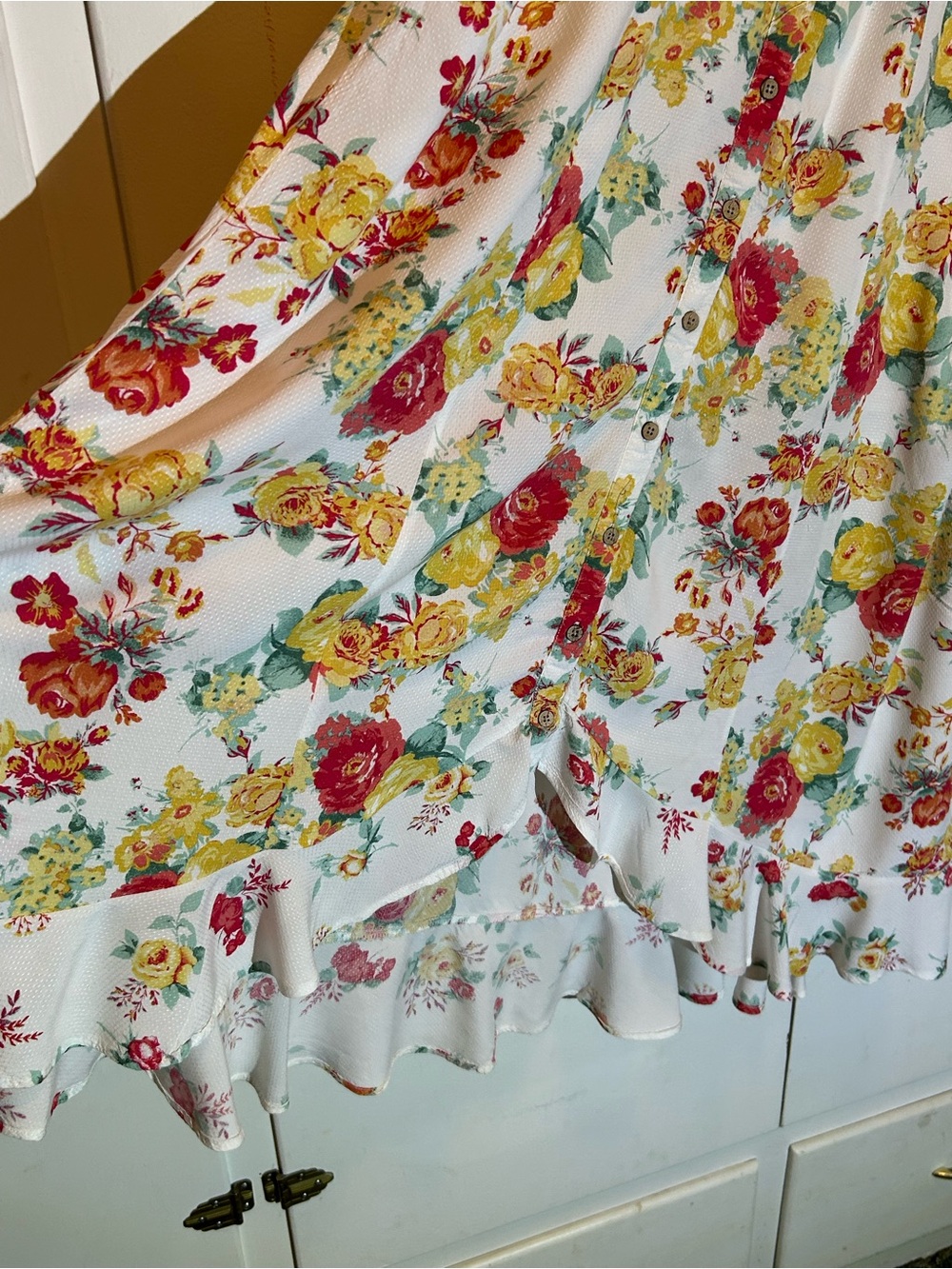 White Floral Spaghetti-Strap Maxi Dress with Red & Yellow Blooms - Picture 3 of 9